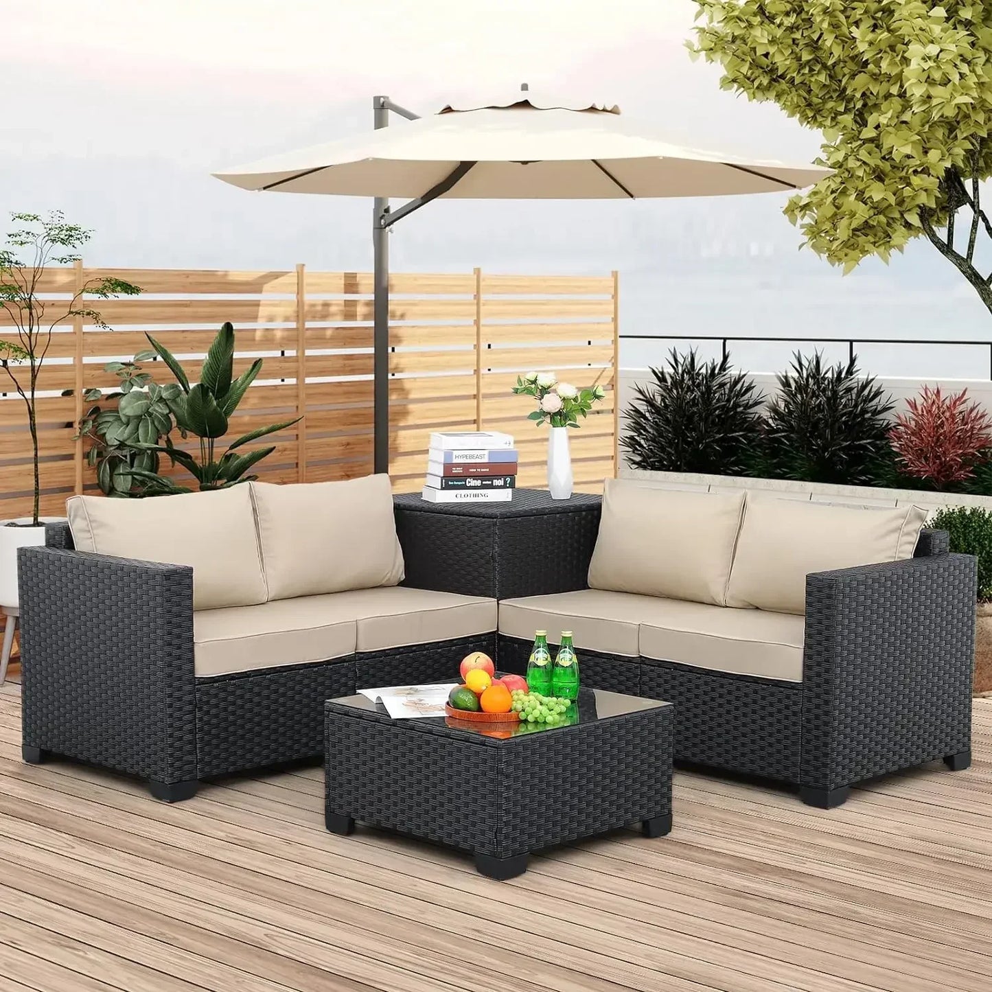 Outdoor PE Wicker Furniture Set 4 Piece Black Rattan Loveseat Couch Set With Storage Box Glass Top Table And Non-Slip Cushion