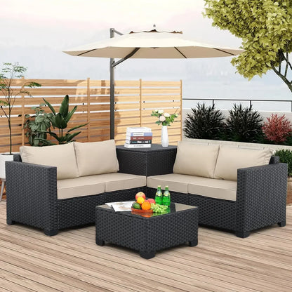 Outdoor PE Wicker Furniture Set 4 Piece Black Rattan Loveseat Couch Set With Storage Box Glass Top Table And Non-Slip Cushion
