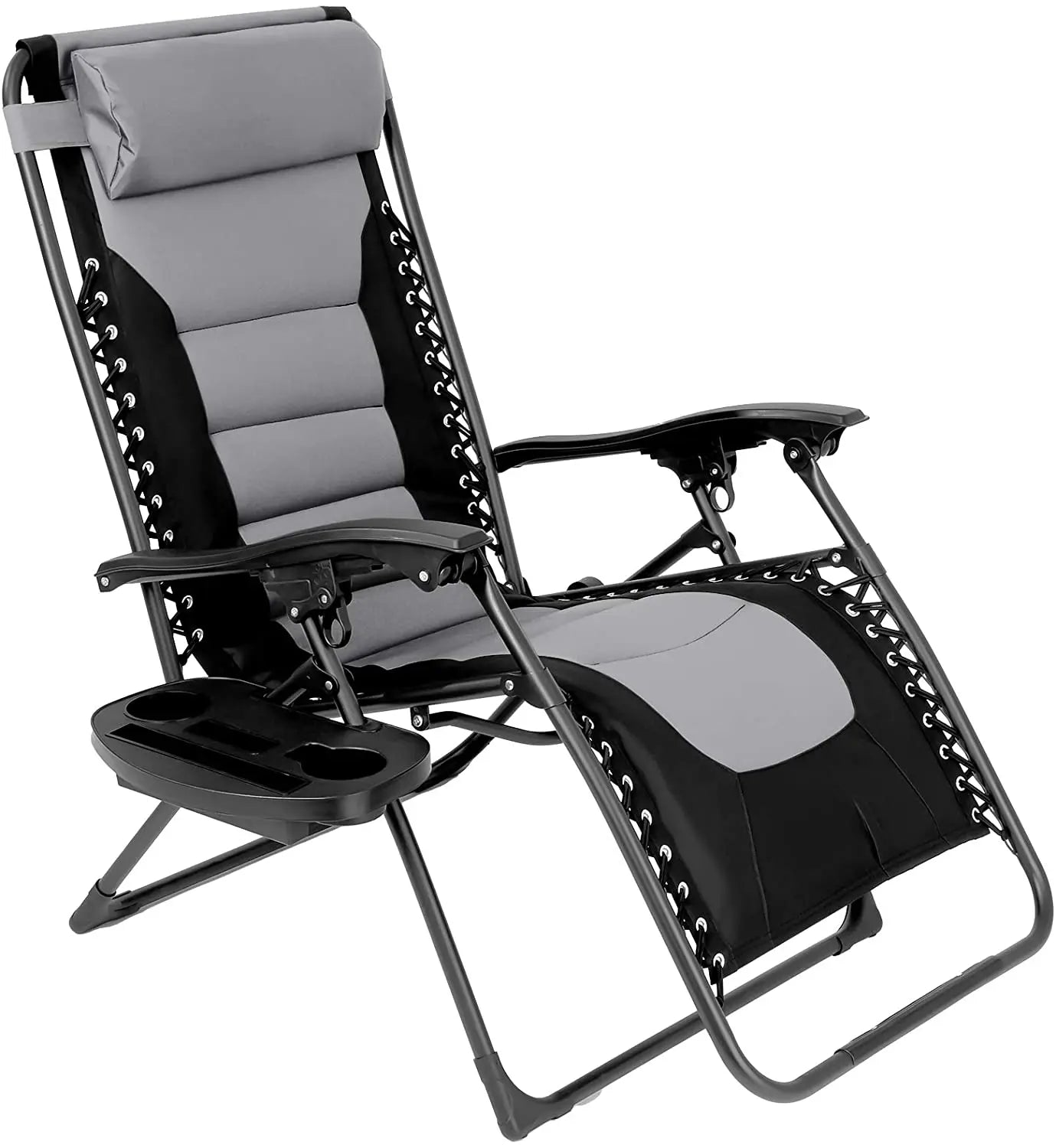 Padded Zero Gravity Lounge Chair Folding Patio Recliner with Adjustable Headrest & Cup Holder, Support 160kg Sun Loungers