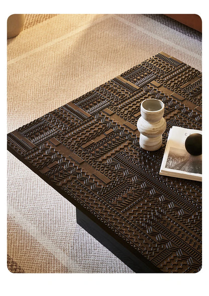 Retro coffee table light luxury high sense solid wood carving flower home living room minimalist high-end designer