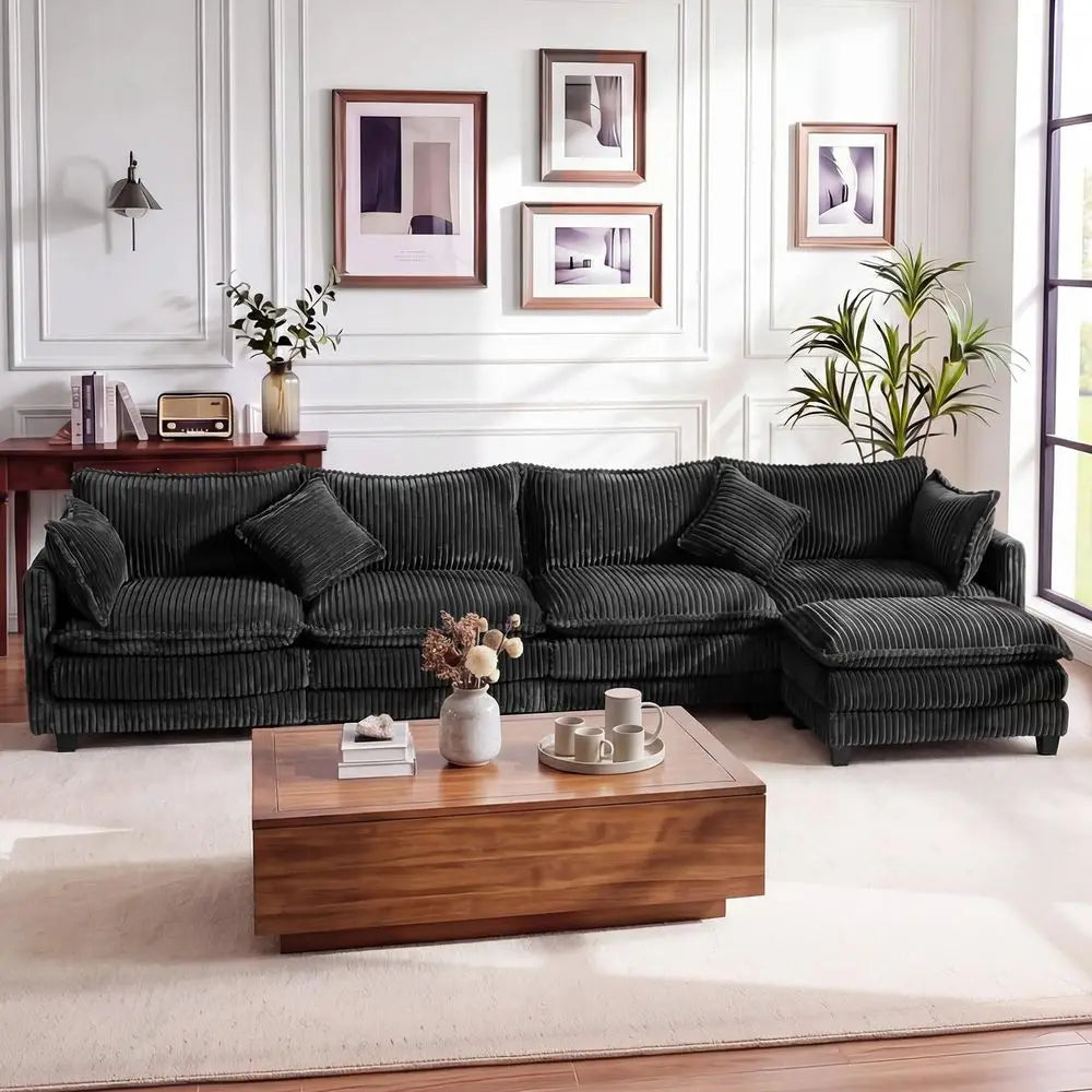 143 L Shaped Modular Sectional Couch, Comfy Corduroy Upholstered Cloud Couches for Living Room, Modern 3 Seater Sofa with Movab