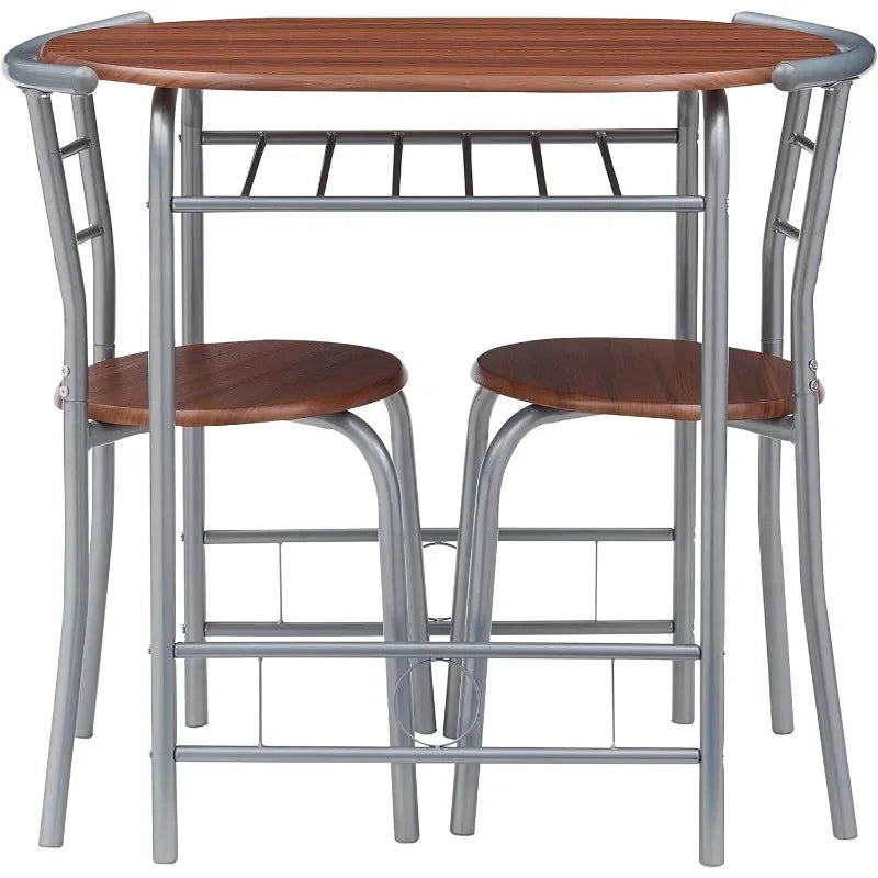 Premium 3 Piece Wood Round Table & Chair Set for Dining Room Kitchen Bar Breakfast, with Wine Storage Rack, Space Saving