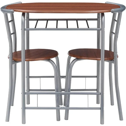 Premium 3 Piece Wood Round Table & Chair Set for Dining Room Kitchen Bar Breakfast, with Wine Storage Rack, Space Saving