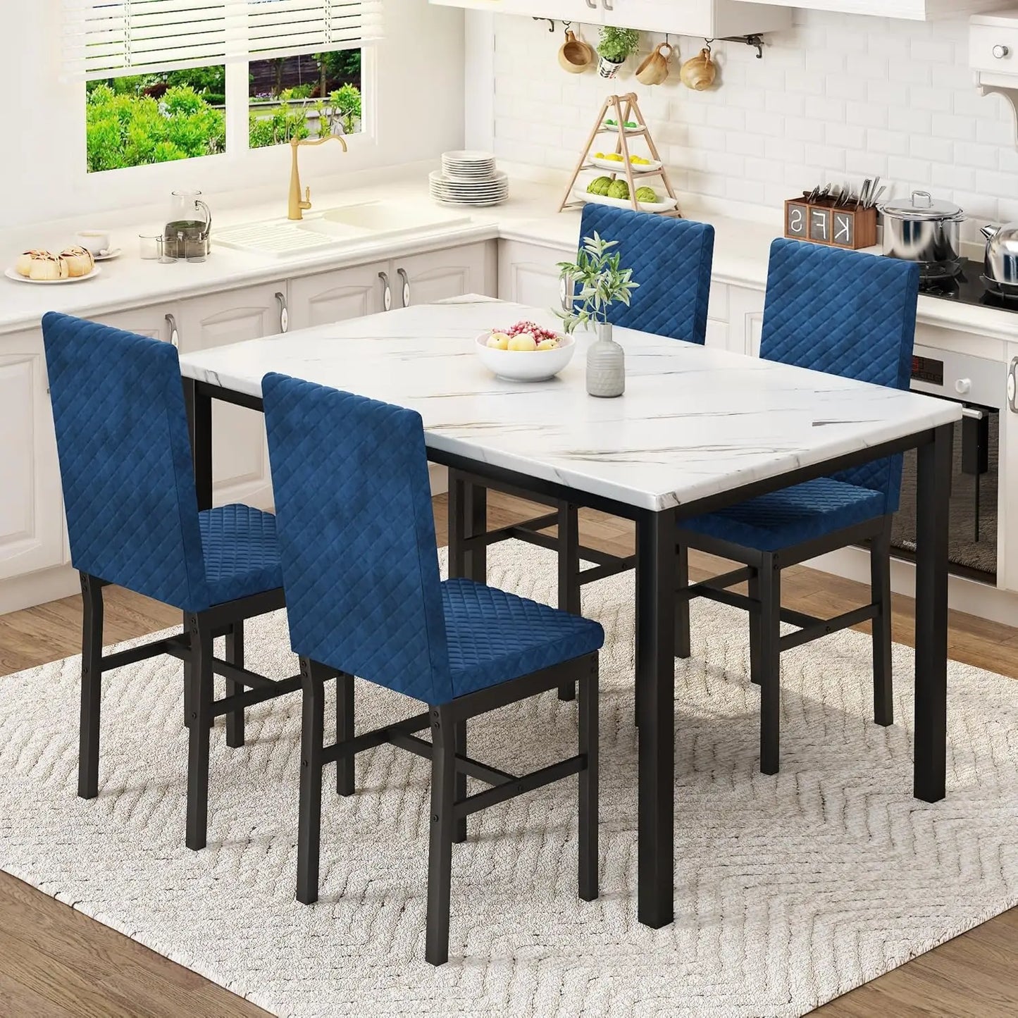 Dining Table Set for 4 Kitchen Table and Chairs Set of 4 Faux Marble Kitchen and Dining with Velvet Upholstered Dinner Chairs