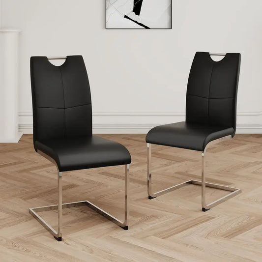 Set of 2 Chrome Metal Finish Side Chairs, Gray-Taupe Faux Leather Upholstery, Casual Dining Furniture