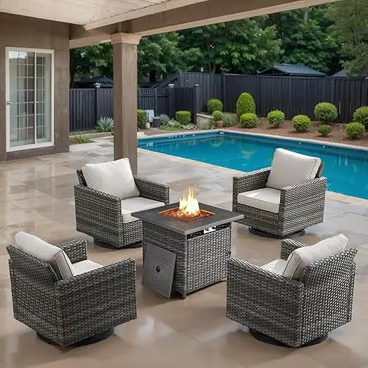 Outdoor Swivel Rocker Chairs Set of 4 with Fire Pit Table - 5 Peice Wicker Patio Furniture Set Conversation Set with 50,000 BTU
