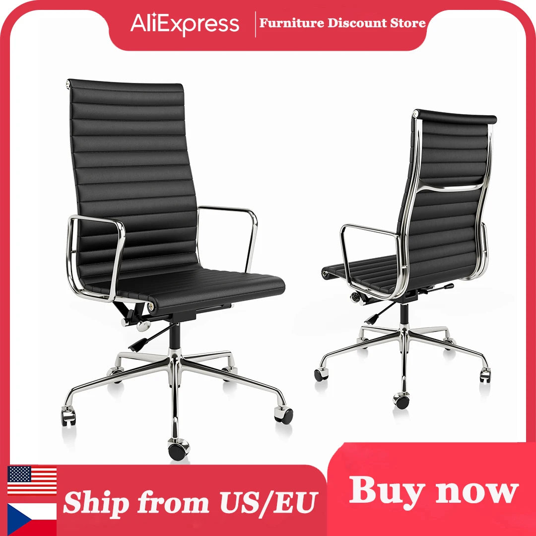 High Back Ribbed Genuine Leather Office Chair Adjustable Ergonomic Computer Chair with Aluminium Alloy Frame  Swivel Chair