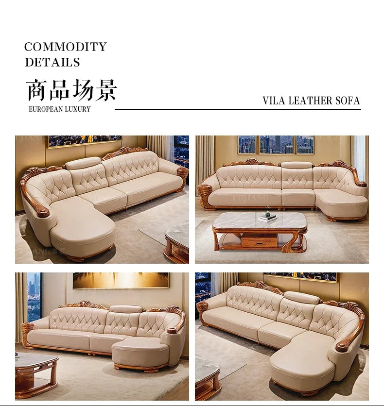 European leather sofa solid wood carving flower high-end luxury corner princess combination