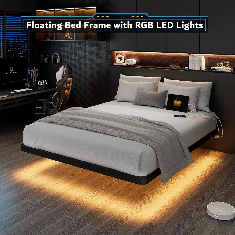 Floating Bed Frame with Charging Station and Led Light, Platform Metal Bed Frame with Heavy Duty Steel Slats Support