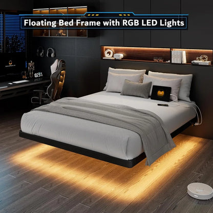 Floating Bed Frame with Charging Station and Led Light, Platform Metal Bed Frame with Heavy Duty Steel Slats Support