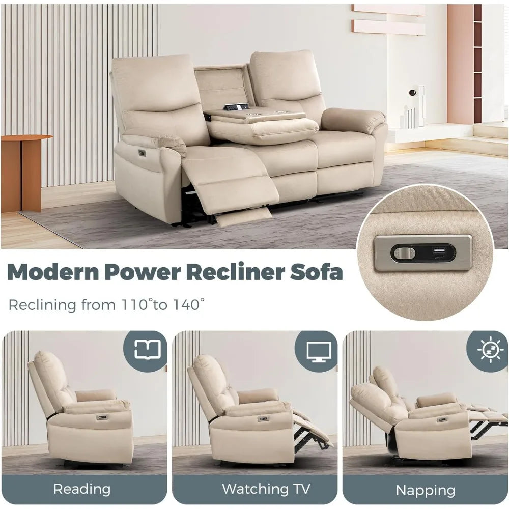 Power Reclining Sofa 3-Seater with Table, Cup Holder & Storage