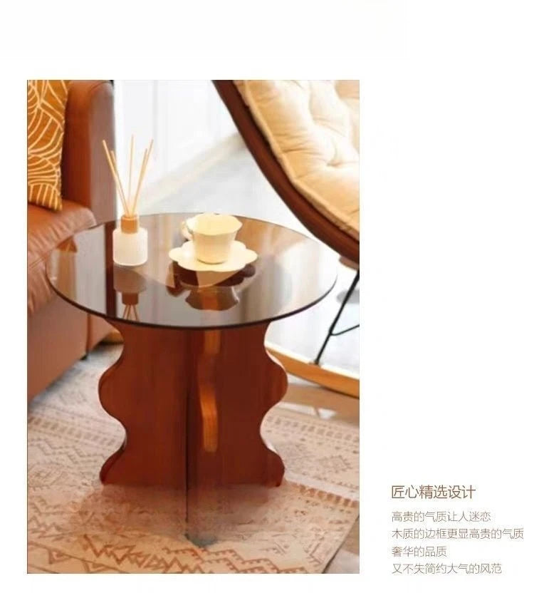 Table basse créative en bois massif avec bordure en pétales de style rétro français, plateau en verre trempé