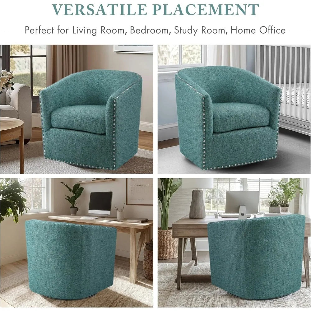 Swivel Barrel Accent Chair with Upholstered Curved Back, 7-Inch Thick Cushion, 360° Rotation, Nailhead Trim