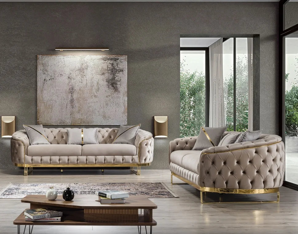 Luxury 2-3 Seater Chesterfield Sofa Hot Sales Gold Stainless Steel Frame Velvet Upholstery Sponge Filling for Hotel Home Use