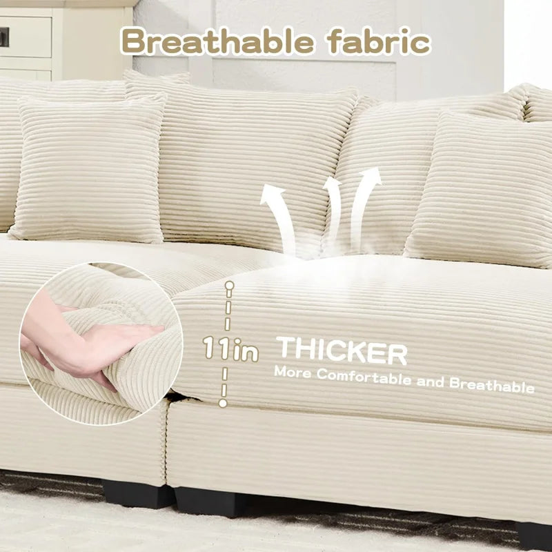 (UUX)155" Oversized Modular Sofa, Corduroy Cloud Couch Sectional with L Shape Chaise and 12 Throw Pillows, Upholste UQ