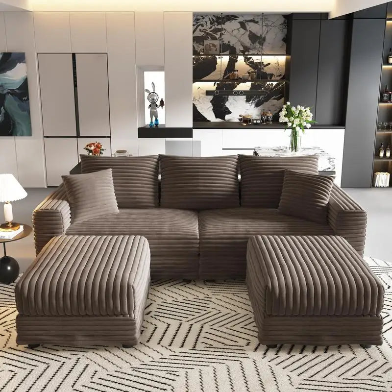 82.7" Plush Corduroy 3-Seat Sofa, Modern Comfy Upholstered Couch with Soft Pillows & 2 Ottomans, Convertible Lounge Chair for