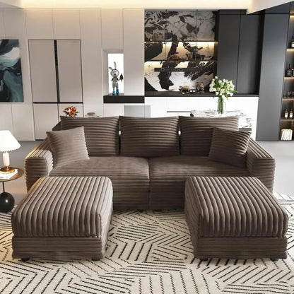 82.7" Plush Corduroy 3-Seat Sofa, Modern Comfy Upholstered Couch with Soft Pillows & 2 Ottomans, Convertible Lounge Chair for