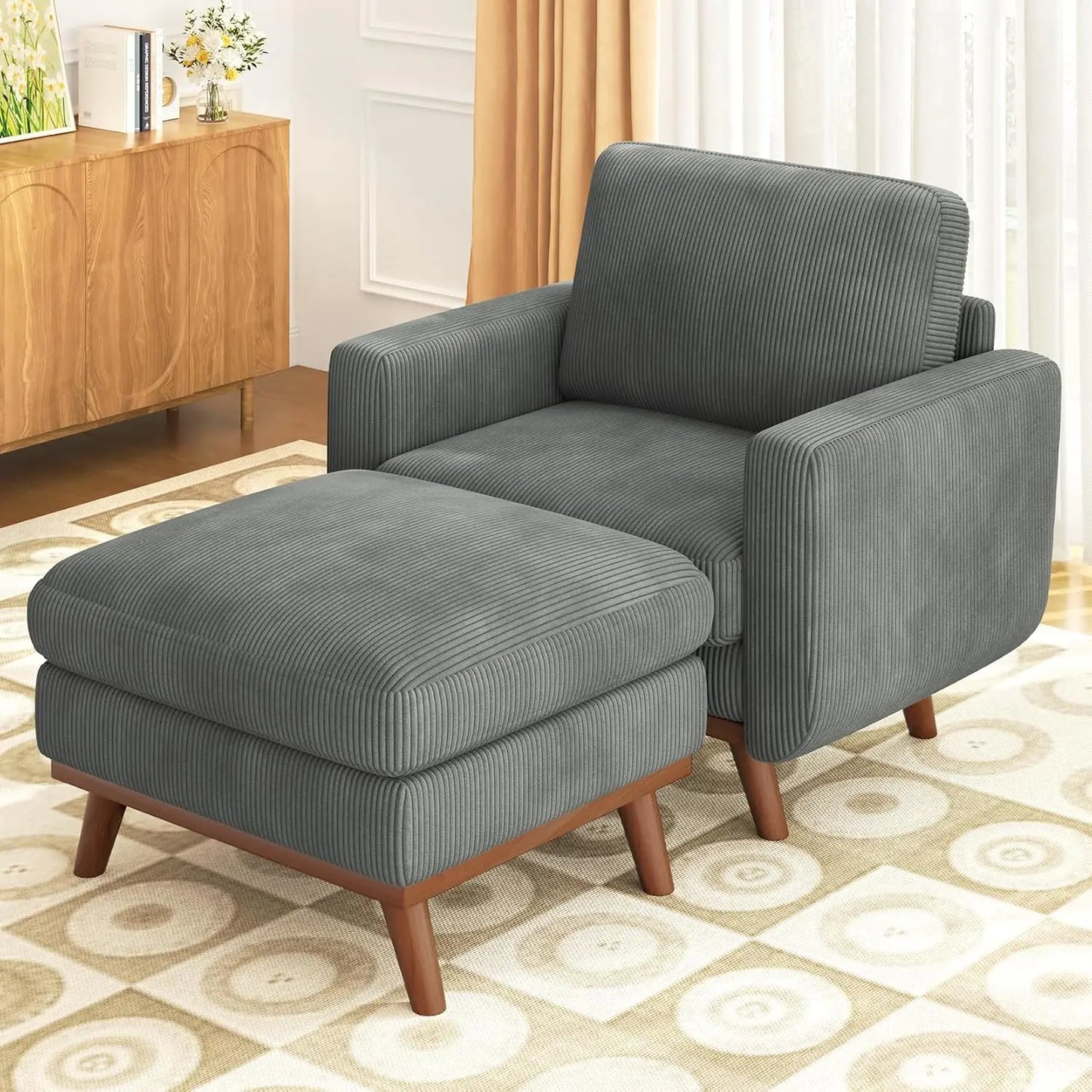 97" L-Shape Modular Sofa, 3-Seat Corduroy Couch with Movable Ottoman, Sectional Sofa for Living Room, Green, Customized