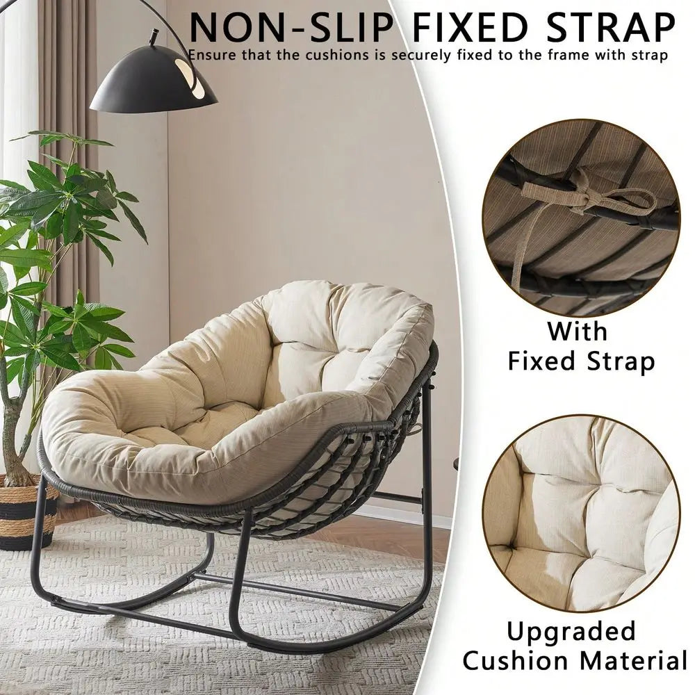 Rocking Chair With Padded Cushion Indoor Outdoor Comfy Papasan Rocker Chair With Upgraded Steel Frame Oversized Rattan EggShaped