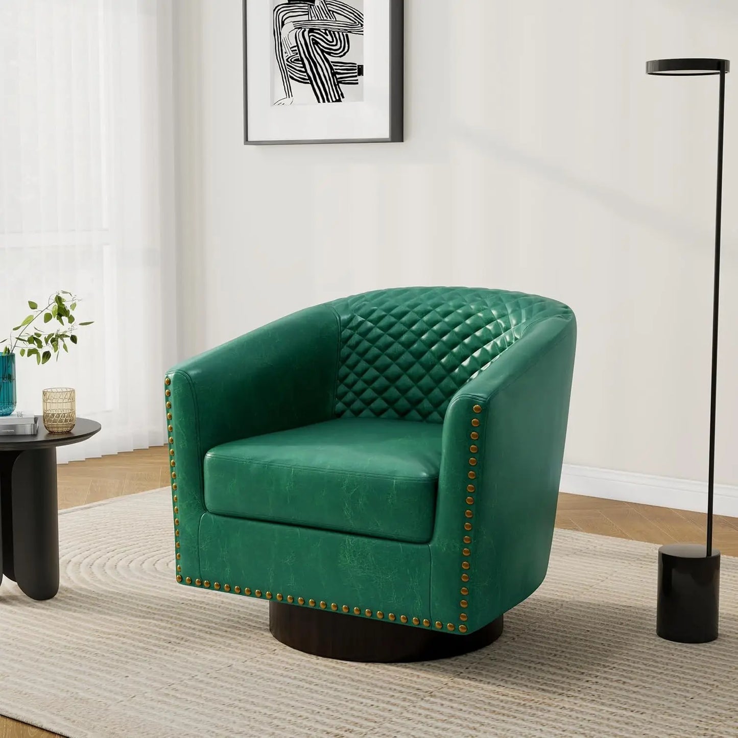 Pia Ricco Faux Leather Barrel Accent Chair, Modern Club Arm Chair Comfy Upholstered Single Sofa Chair with Solid Wood Legs and N