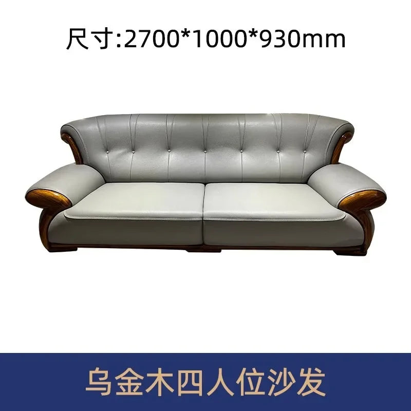 Ebony leather sofa modern light luxury high-end living room villa first layer cowhide solid wood new Chinese-style small