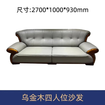 Ebony leather sofa modern light luxury high-end living room villa first layer cowhide solid wood new Chinese-style small