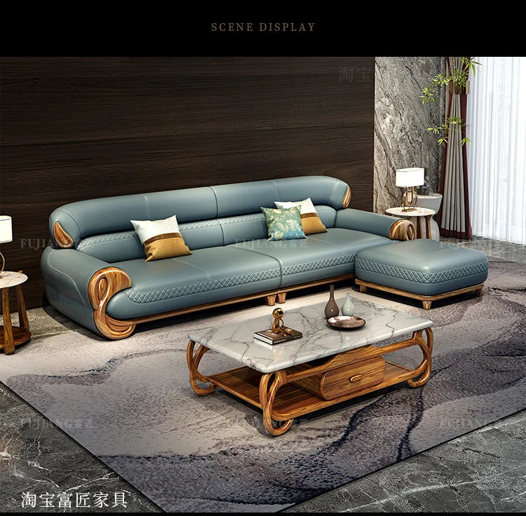 Ebony leather sofa new Chinese modern light luxury high-end small apartment straight row  FT