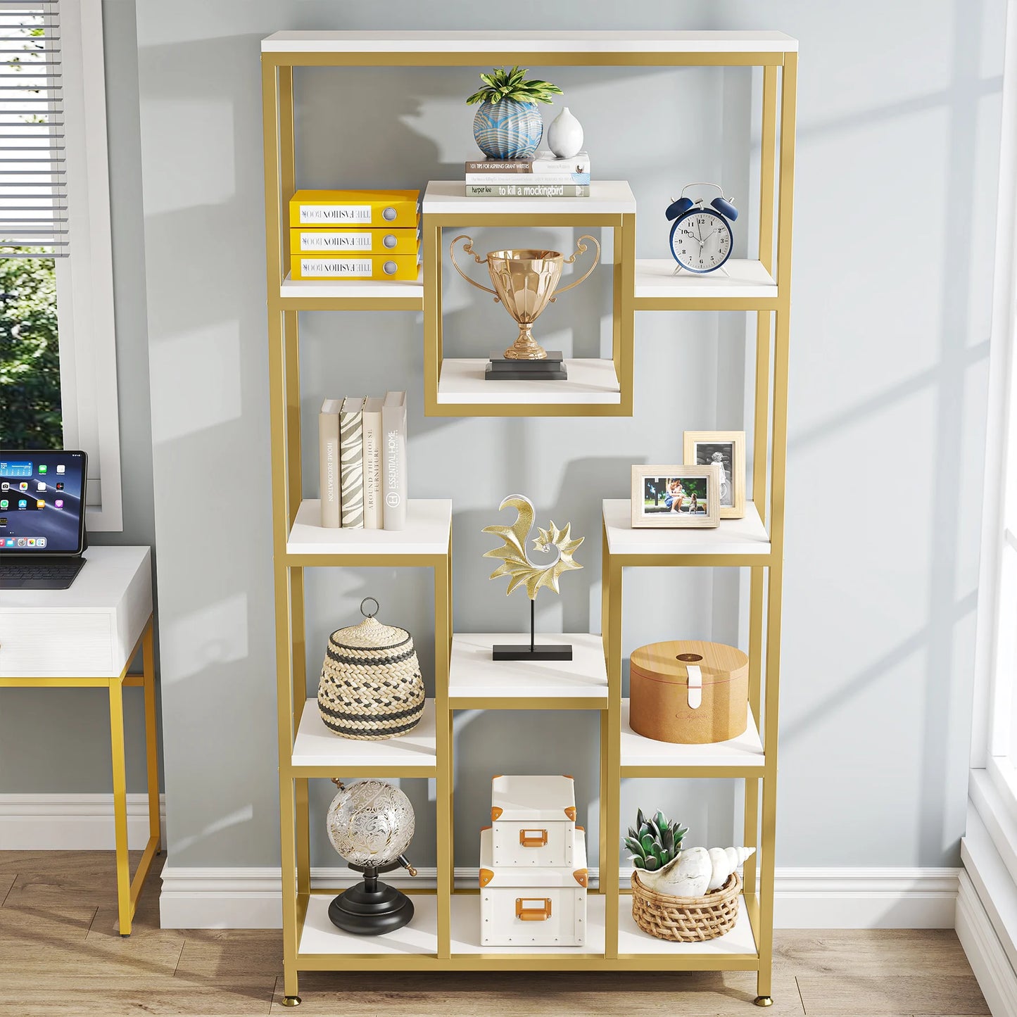 Tribesigns Bookshelf Bookcase, Gold 8-Open Shelf Etagere Bookcase with Faux Marble, Modern Book Shelves Display Shelf