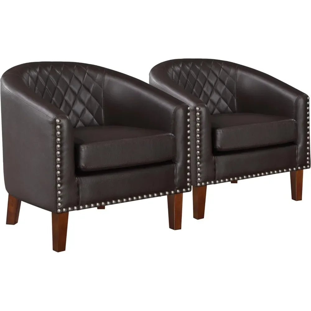 Nordic luxury Comfy Barrel Accent Chair Set, Grid Backrest Diamond, Faux Leather with Cushion for Living Room Club