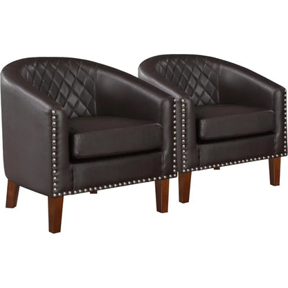 Nordic luxury Comfy Barrel Accent Chair Set, Grid Backrest Diamond, Faux Leather with Cushion for Living Room Club