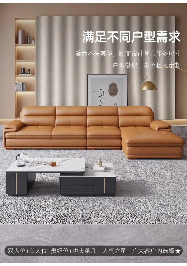 Nordic Italian light luxury leather sofa with a top layer of cowhide, modern and minimalist living room size,  art sofa