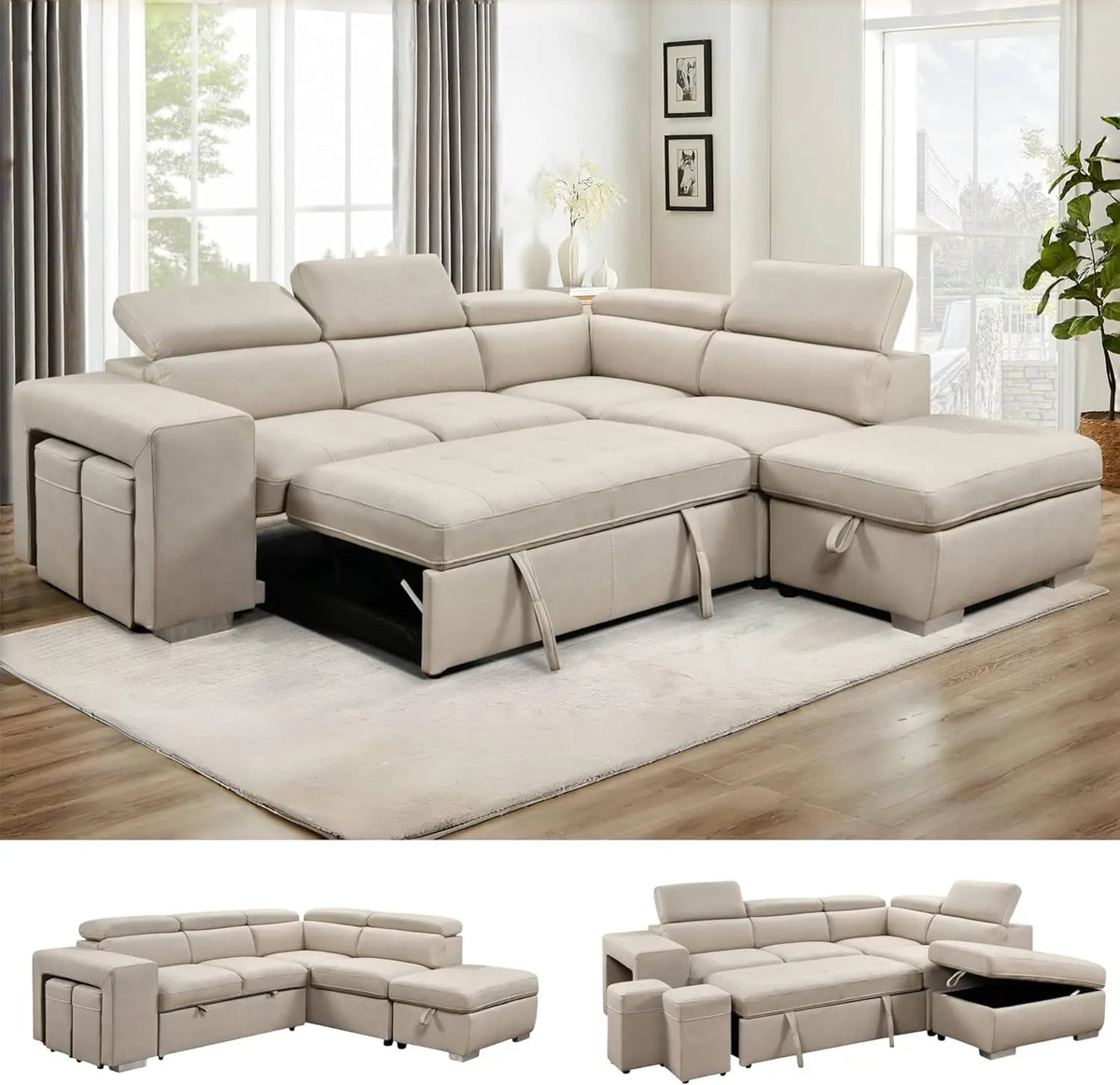 104'' Microfiber L Shaped Sectional Sleeper Sofa Couch with Pull Out Bed and Storage Ottoman, Convertible Couches