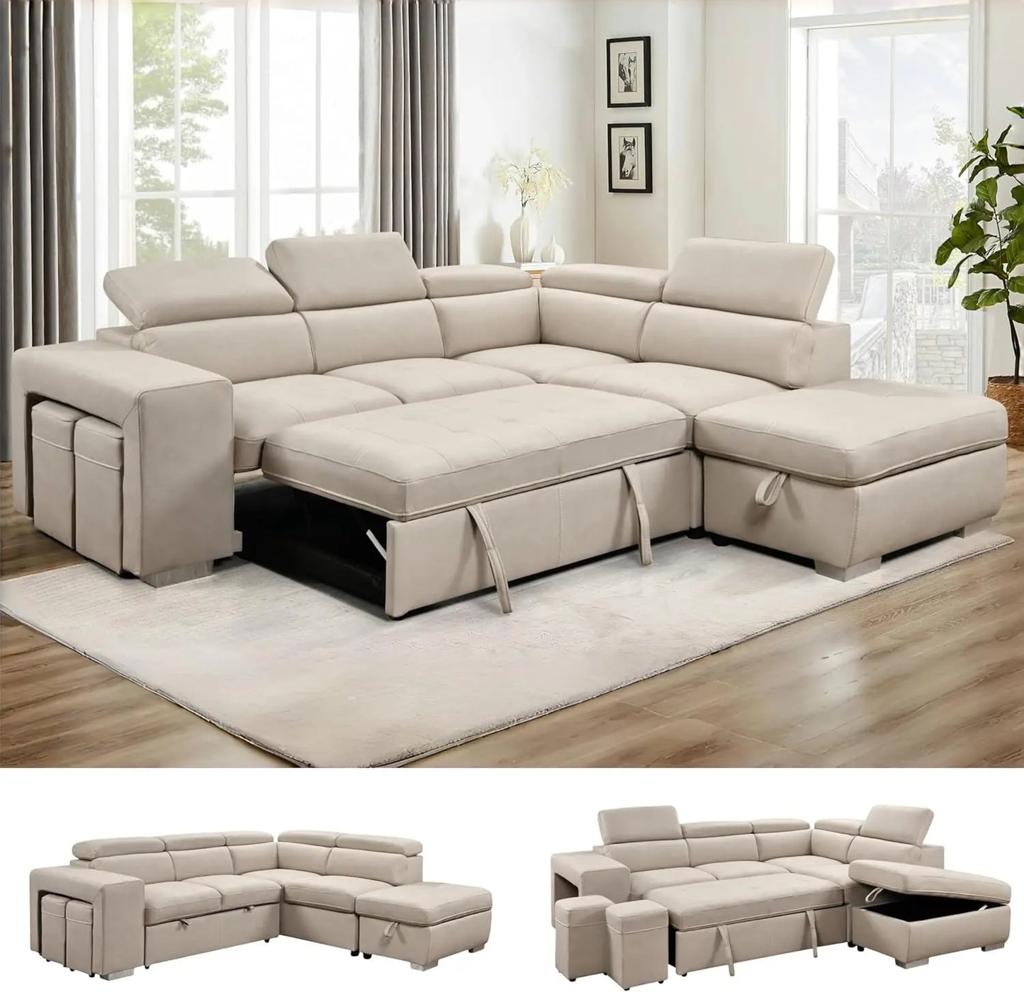 104'' Microfiber L Shaped Sectional Sleeper Sofa Couch with Pull Out Bed and Storage Ottoman, Convertible Couches