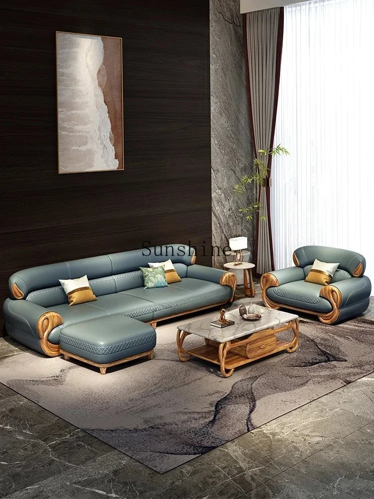 Ebony leather sofa new Chinese modern light luxury high-end small apartment straight row  FT