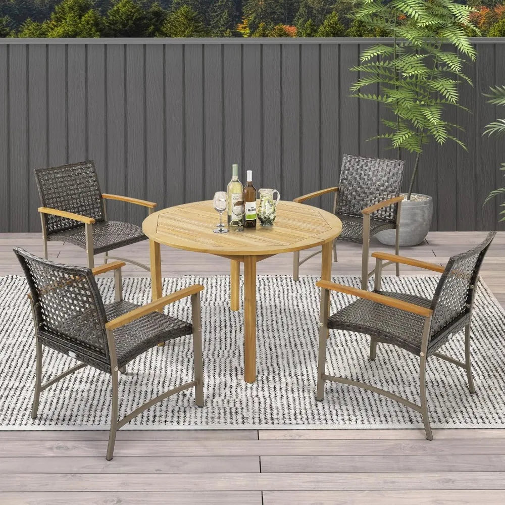 Patio Dining Chairs Set of 4, Outdoor PE Wicker & Heavy-Duty Metal Chairs with Acacia Wood Armrests, Outdoor Rattan Armchairs f