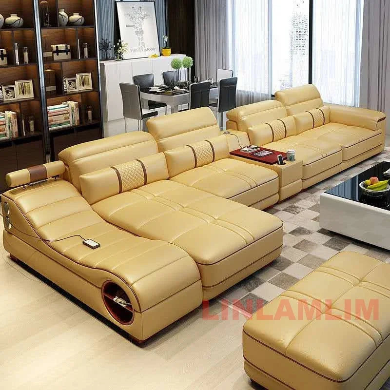 MINGDIBAO Modern Luxury Sectional Sofa Set with Chaise Lounge – Italian Genuine Leather Couch with Speakers, USB Port & Storage