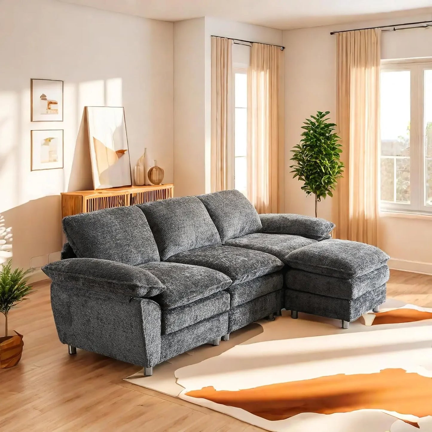 101.6" Modular sectional Chenille Sofa, Modern Dark 3-Seater Cloud Sofa with Ottoman
