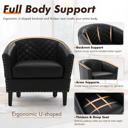 Barrel Chair Living Room Chair, Upholstered Sofa Club Chair with Nail-Heads and Solid Wood Legs for Bedroom, Offic