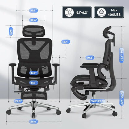 Ergonomic Office Chair with Footrest- Adjustable 3D Armrests, Dynamic Lumbar Support, Recline & Tilt Function