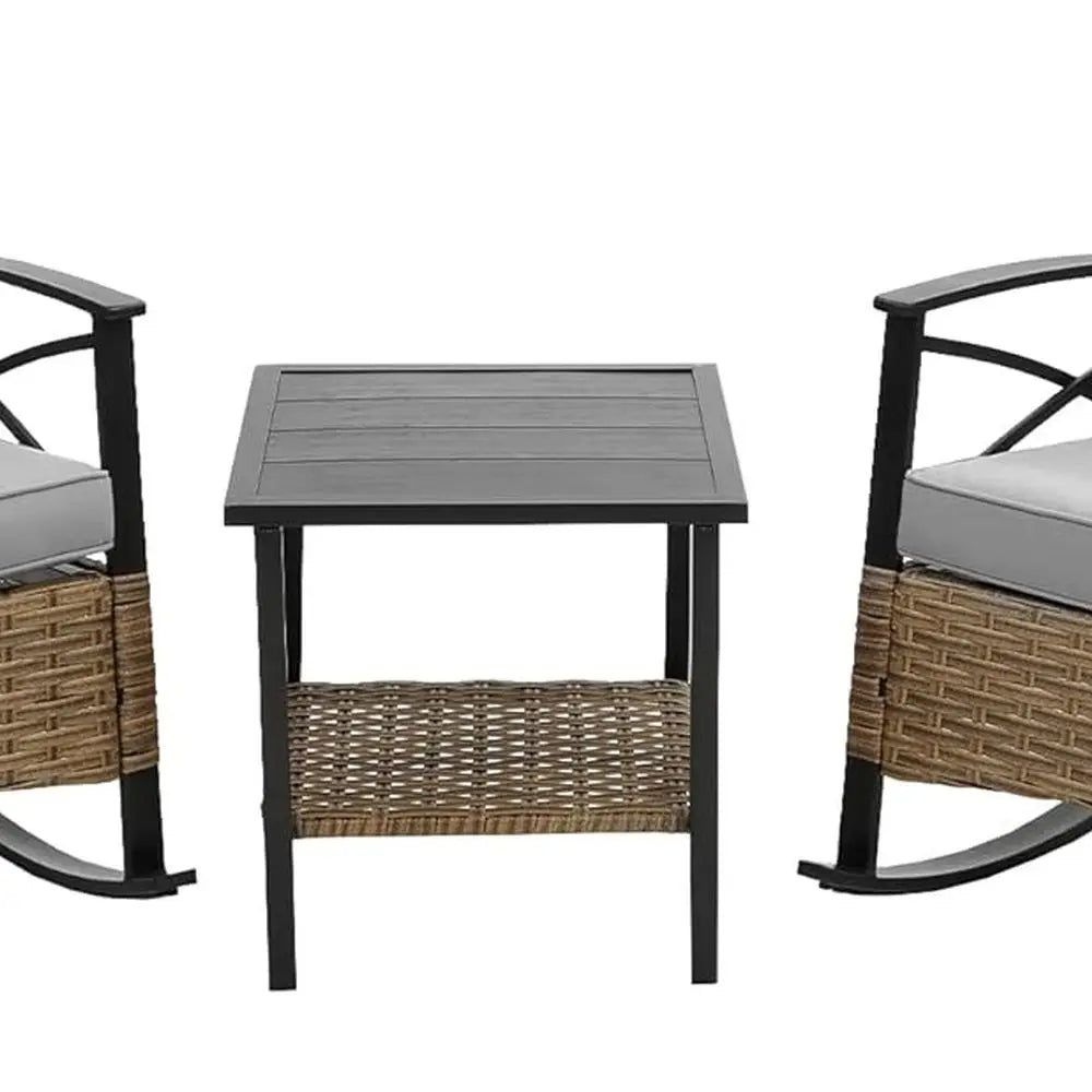 Grey Cushioned Wicker Patio Furniture Set with 3 Rocking Chairs and Coffee Table for Garden, Lawn, and Backyard