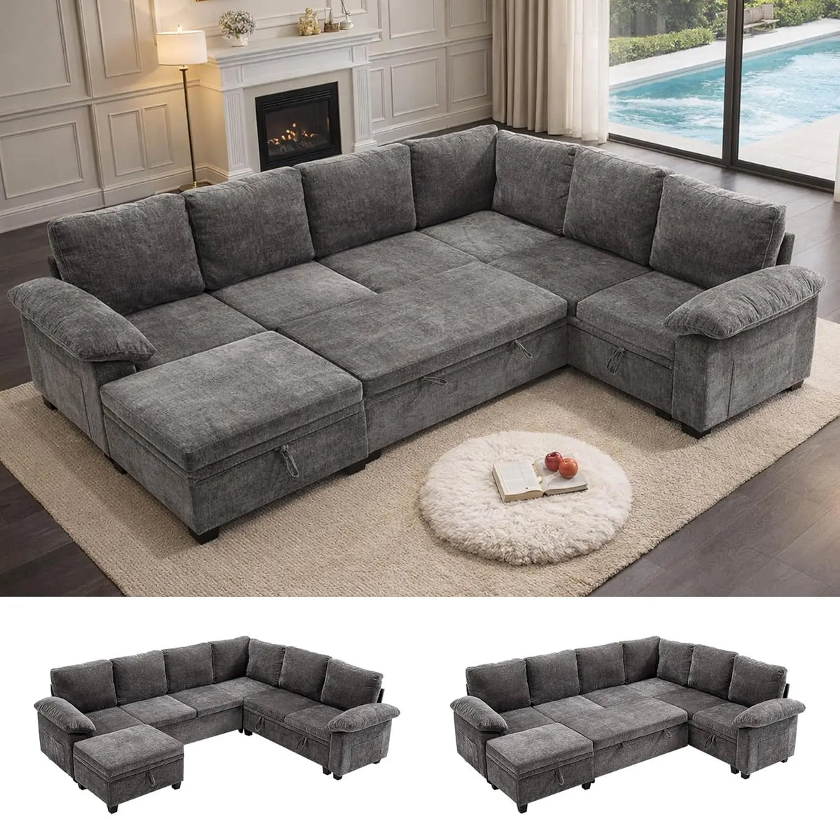108 Inch Sectional Sleeper L Shaped Sofa with Pull Out Bed, 7 Seat Modular Sectional Sofa with Storage, Modern, Customized