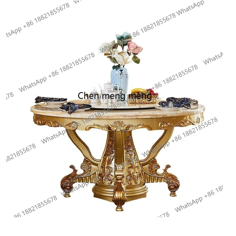 European dining table and chair combination glass surface classical luxury solid wood carving flower round table with turntable
