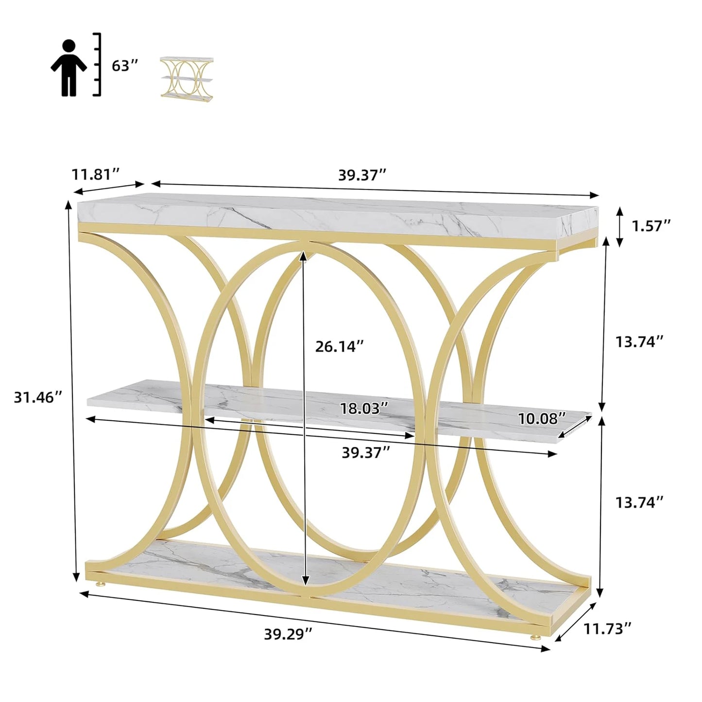39" Narrow Console Tables for Entryway, Industrial 3-Tier Sofa Table with Metal Frame and Storage Shelves for Living Room,Foyer