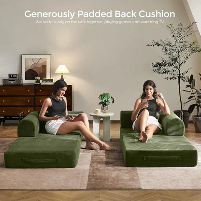 79" Convertible Sofa Bed with Removable Armrests, Modular Corduroy Sleeper for Small Spaces - Green (Includes Pillows)