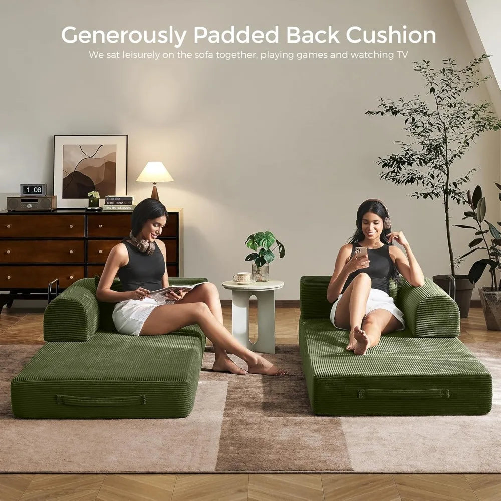 79" Convertible Sofa Bed with Removable Armrests, Modular Corduroy Sleeper for Small Spaces - Green (Includes Pillows)