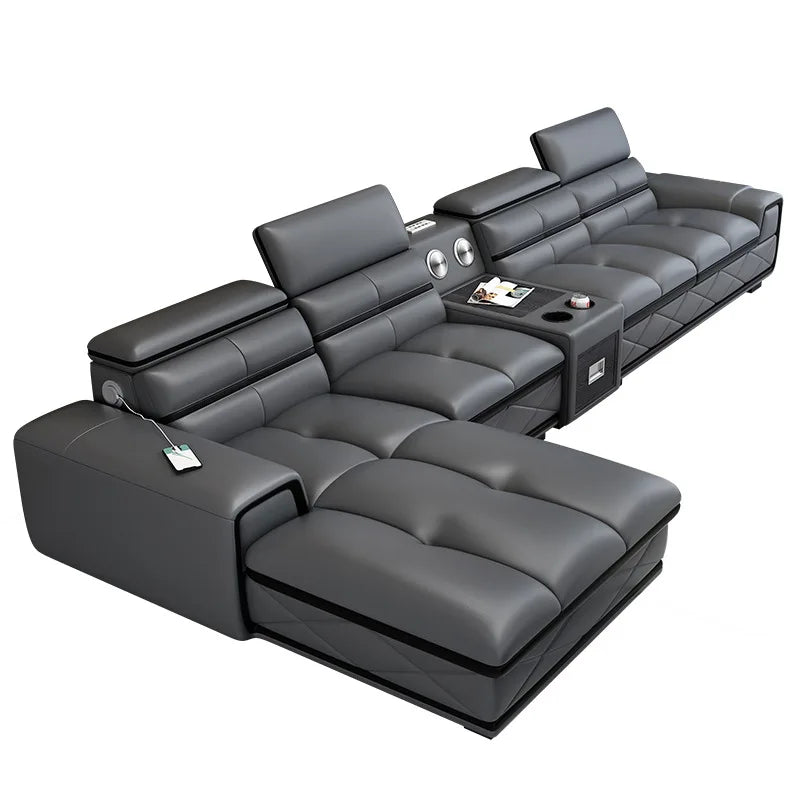 Simple and modern leather sofa combination large apartment living room L-shaped corner function headrest few fully