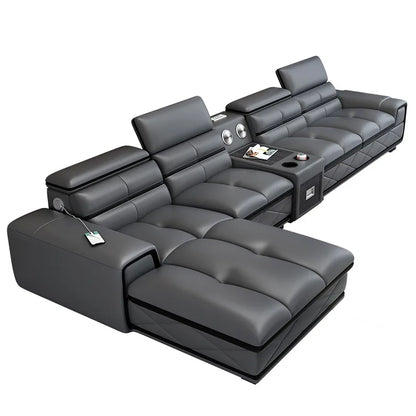Simple and modern leather sofa combination large apartment living room L-shaped corner function headrest few fully
