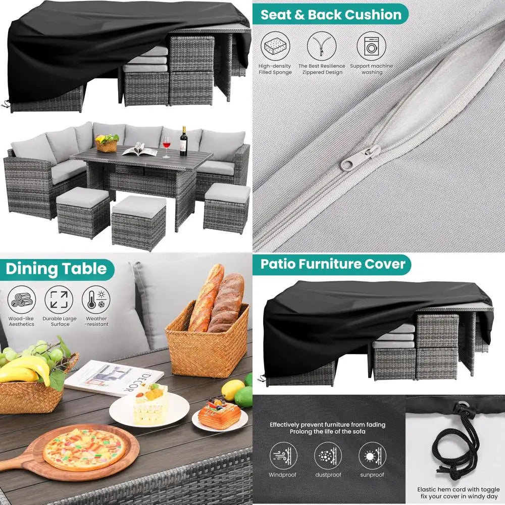 seven-piece outdoor patio furniture set with dining table and chairs, all-weather wicker conversation set including ottoman