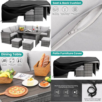 seven-piece outdoor patio furniture set with dining table and chairs, all-weather wicker conversation set including ottoman