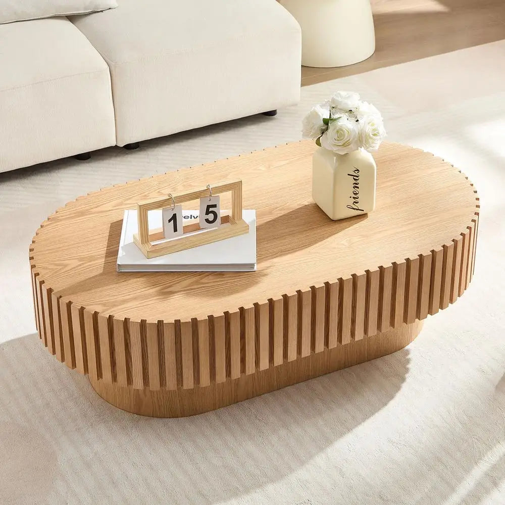 43.7" Modern Drum Coffee Table Oval Wooden Accent Table with Sturdy Pedestal Base for Living Room Office ASH Color